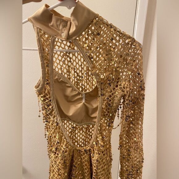 Kelle solo dance jazz acro costume gold fishnet fringe leotare SA-Small adult - Picture 6 of 12